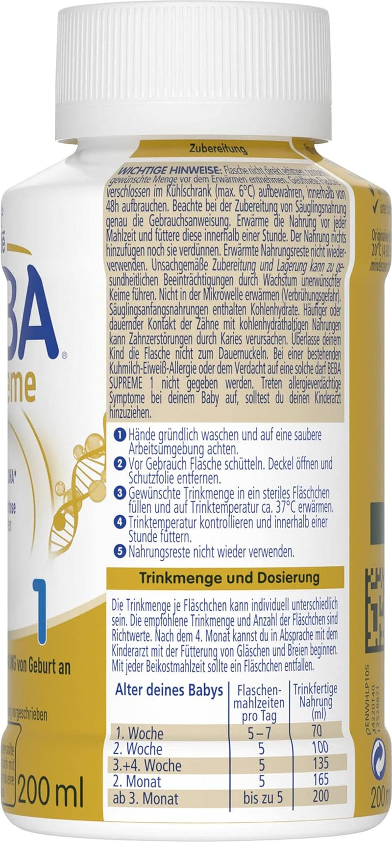 BEBA Nestlé BEBA SUPREME 1 Kojenecké mléko: lahvičky k pití s ​​Omega 3, balení 4 ks (1 x 200 ml)