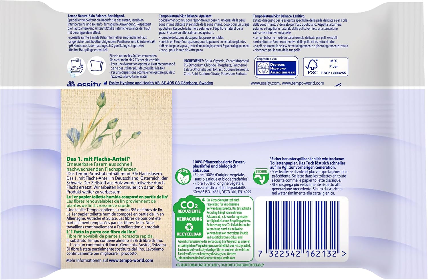 Tempo Șervețele umede de toaletă Natural Skin Balance -16 pachete a câte 42 de șervețele - Cu pantenol și extract din plante - Înlăturabile