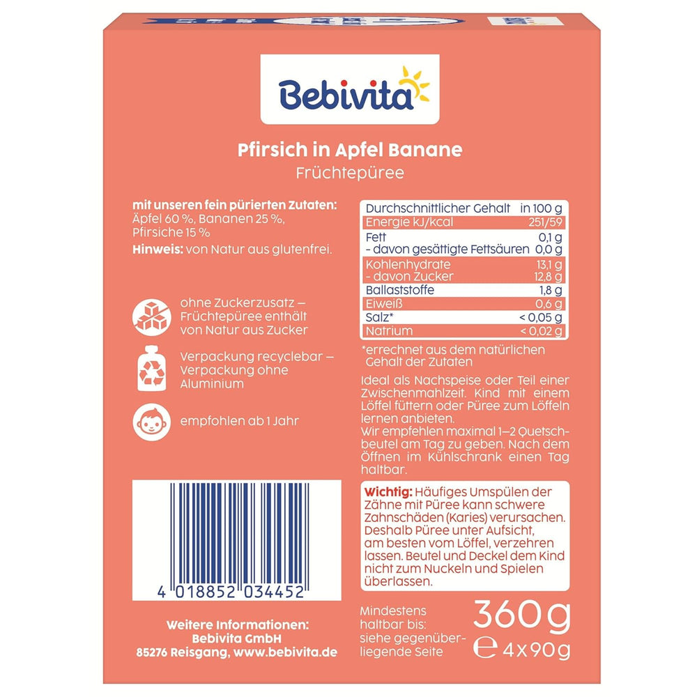 Sáčky s broskví, jablky a banány - 16 (4 balení, každý 4 x 90 g), bez přidaného cukru, bez lepku, ideální pro svačiny s sebou a pro vlastní spotřebu