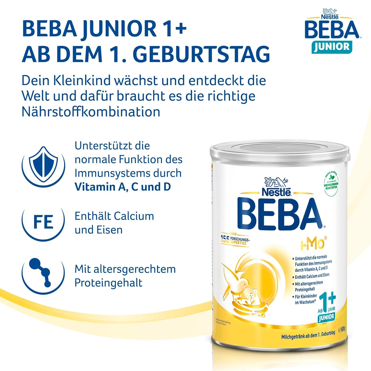 BEBA Junior 1+ mléčný nápoj od 1 roku, S HMO, Obsah bílkovin odpovídající věku, Pouze laktóza, Bez palmového oleje, Bez rybího tuku, Výživa pro batolata, Sušené dětské mléko, Balení 6 ks (6 x 800 g)