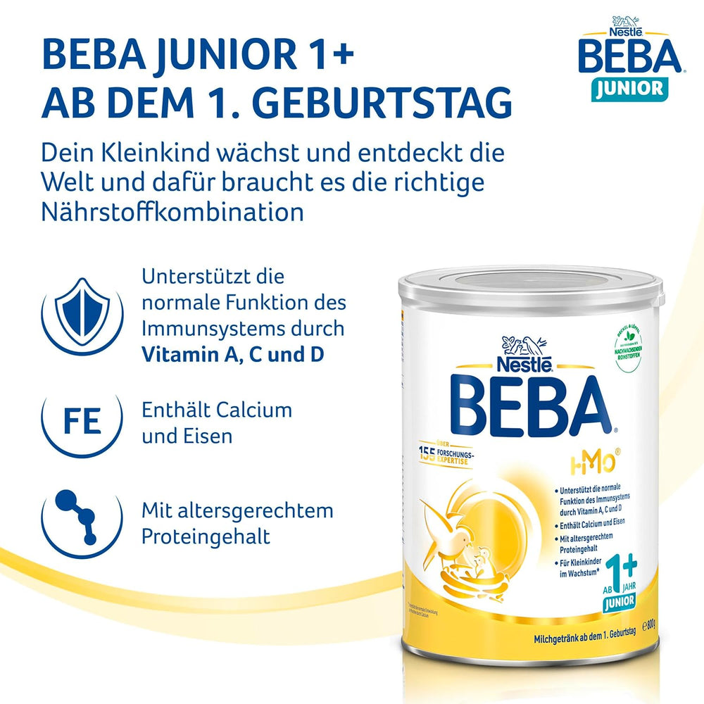 BEBA Junior 1+ mléčný nápoj od 1 roku, S HMO, Obsah bílkovin odpovídající věku, Pouze laktóza, Bez palmového oleje, Bez rybího tuku, Výživa pro batolata, Sušené dětské mléko, Balení 6 ks (6 x 800 g)