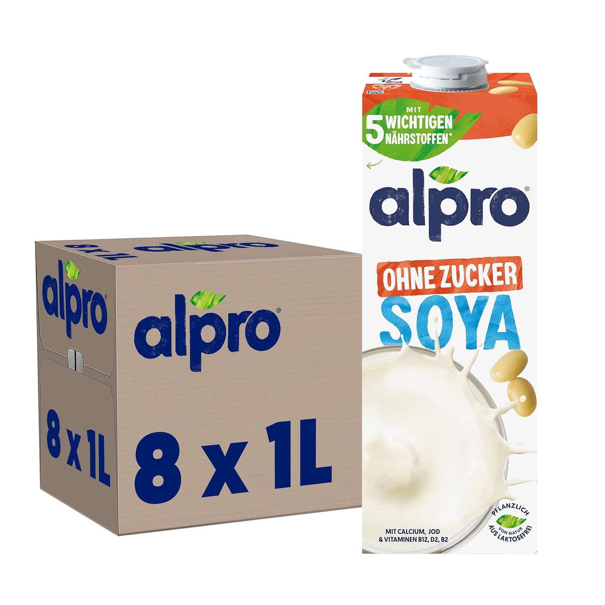 Alpro Sojadrink – Vegan und Milchfrei – Von Natur aus laktosefrei und fettarm – Bohaté na bohaté bílkoviny, inhalovaný vápník a vitamíny – 8 x 1 L – Haltbar