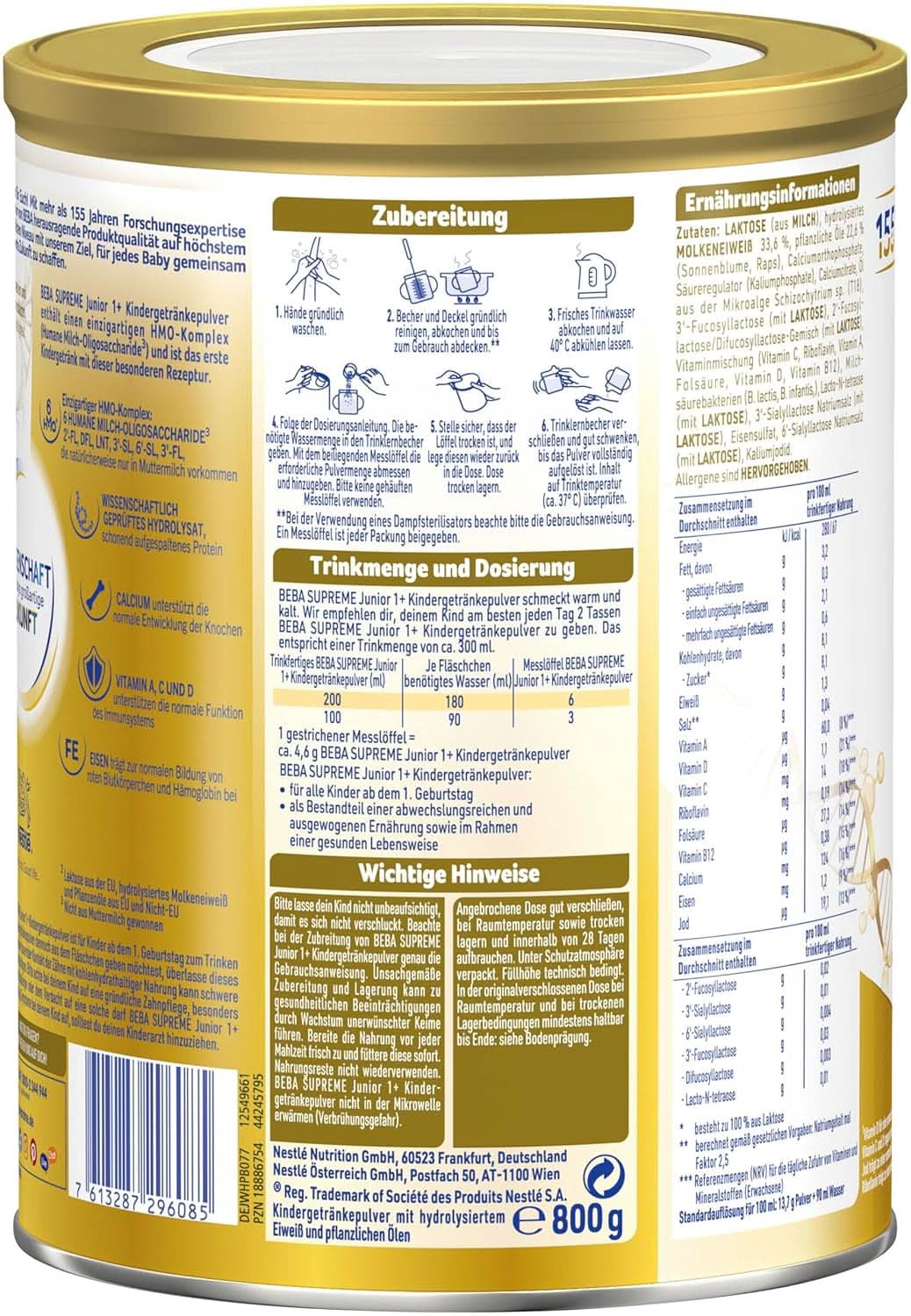 Dětský nápoj BEBA SUPREME Junior 1+ od 1 roku, výživa pro děti s 6 HMO komplexem, pouze laktóza, bez palmového oleje, balení 6 (6 x 800 g) Mother and Child Naty Shop