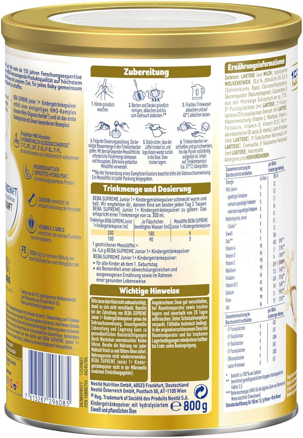 Dětský nápoj BEBA SUPREME Junior 1+ od 1 roku, výživa pro děti s 6 HMO komplexem, pouze laktóza, bez palmového oleje, balení 6 (6 x 800 g) Mother and Child Naty Shop