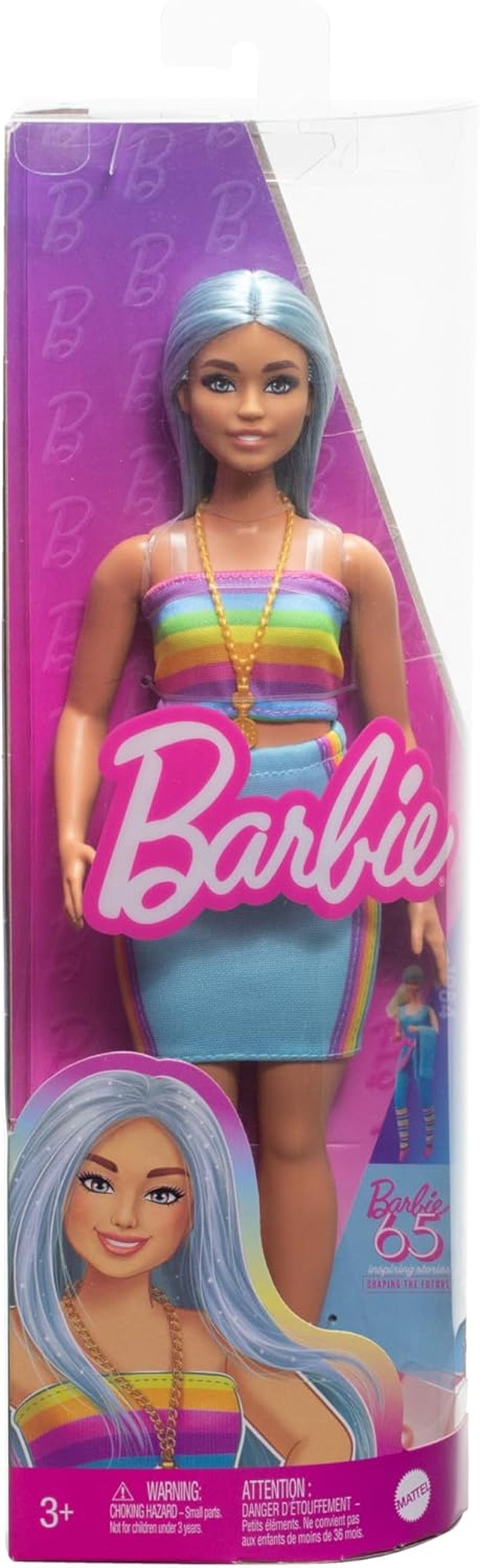 Panenka Barbie Fashionistas č. 218 s dlouhými modrými vlasy, duhovým topem a tyrkysovou sukní, sběratelská módní panenka k 65. narozeninám, HRH16 Naty Shop Dolls