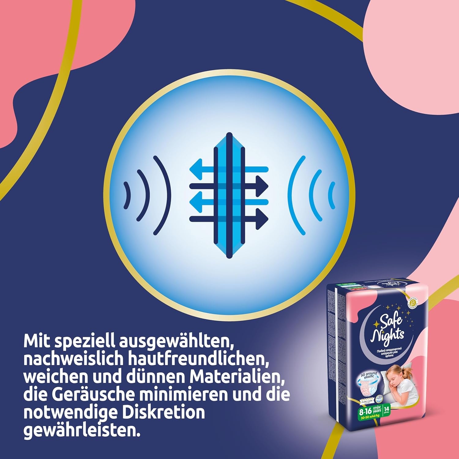 Safe Nights Girl, Dívčí 8-16 let (30-50 kg), Absorpční noční prádlo, 14 balení