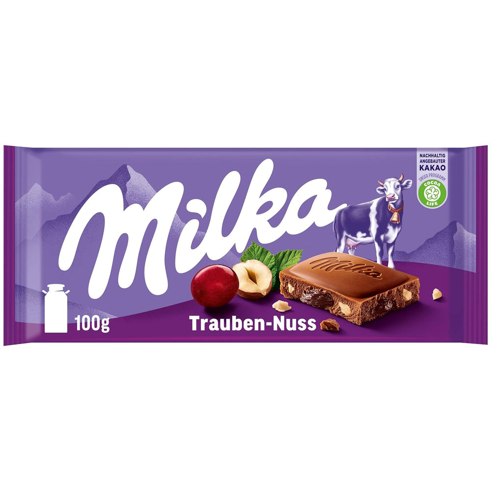 Milka Grapes and Hazelnuts – Čokoláda z alpského mléka s kousky lískových oříšků a rozinek – 90g