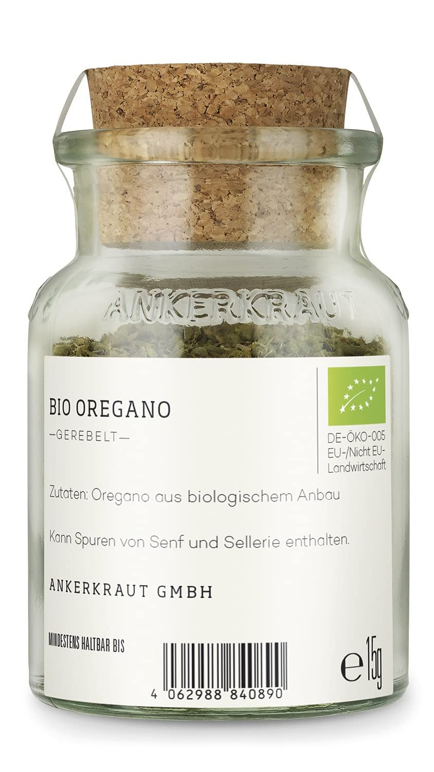 Ankerkraut BIO Oregano, gerebeltes Küchen-Kraut, 15 g v korkovém skle, Bio-Qualität zum selber Sürzen, Gewürz mediterranean Küche für Pizza & Pasta