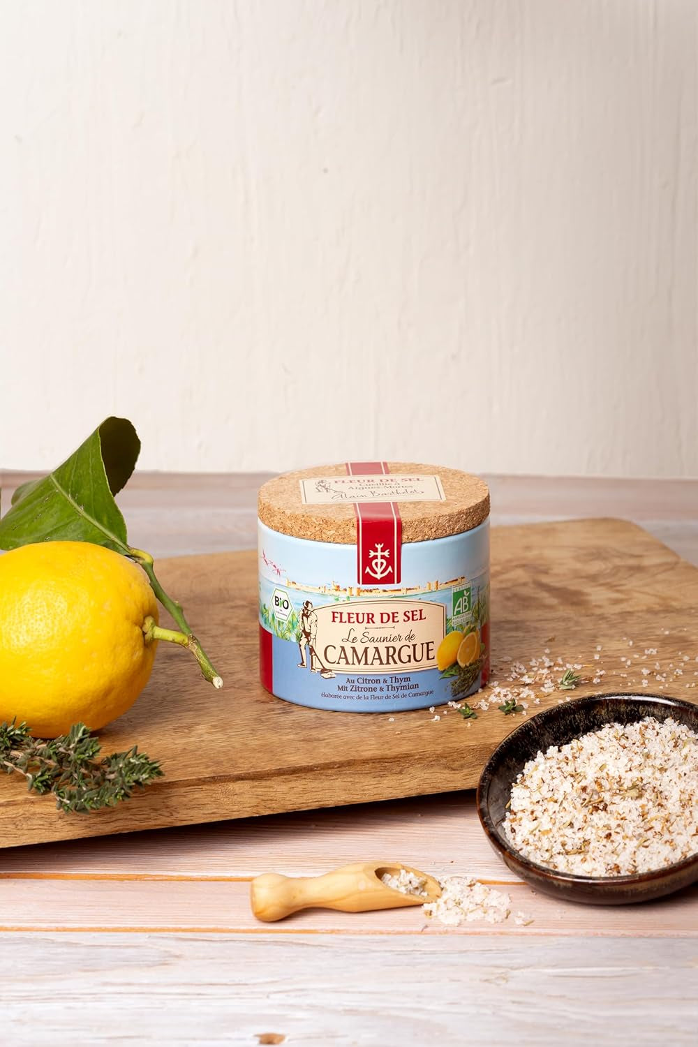 Le Saunier de Camargue Fleur De-Sel Citrone Thymian v dávce 125 g, Premium Meersalz aus Süd-Frankreich, Ideal als Finishing von Speisen und zum Verfeinern von Gerichten