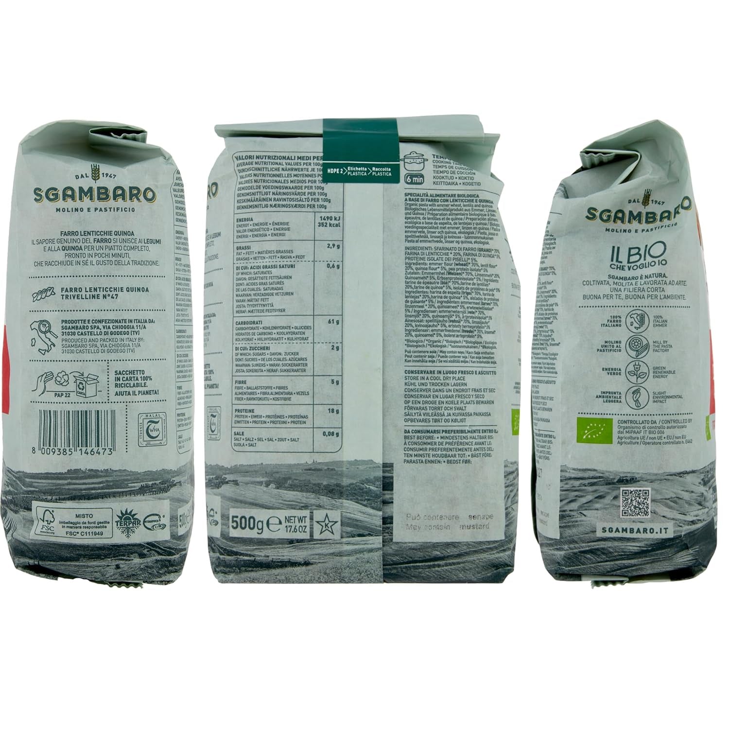 Bio těstoviny Trivelline N.47 - 500g se špaldovou moukou, čočkovou moukou a quinoa moukou - Bohaté na bílkoviny, zdroj vlákniny a bílkovin