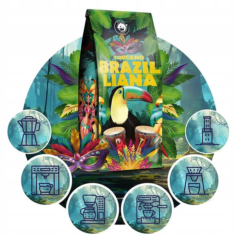 Cafea măcinată Brazilliana Toucano 1 kg | 100% Arabica | cu note de nuci, ciocolată și stafide | prăjire medie, aciditate scăzută | pentru espressoare | Blue Orca Coffee Roastery