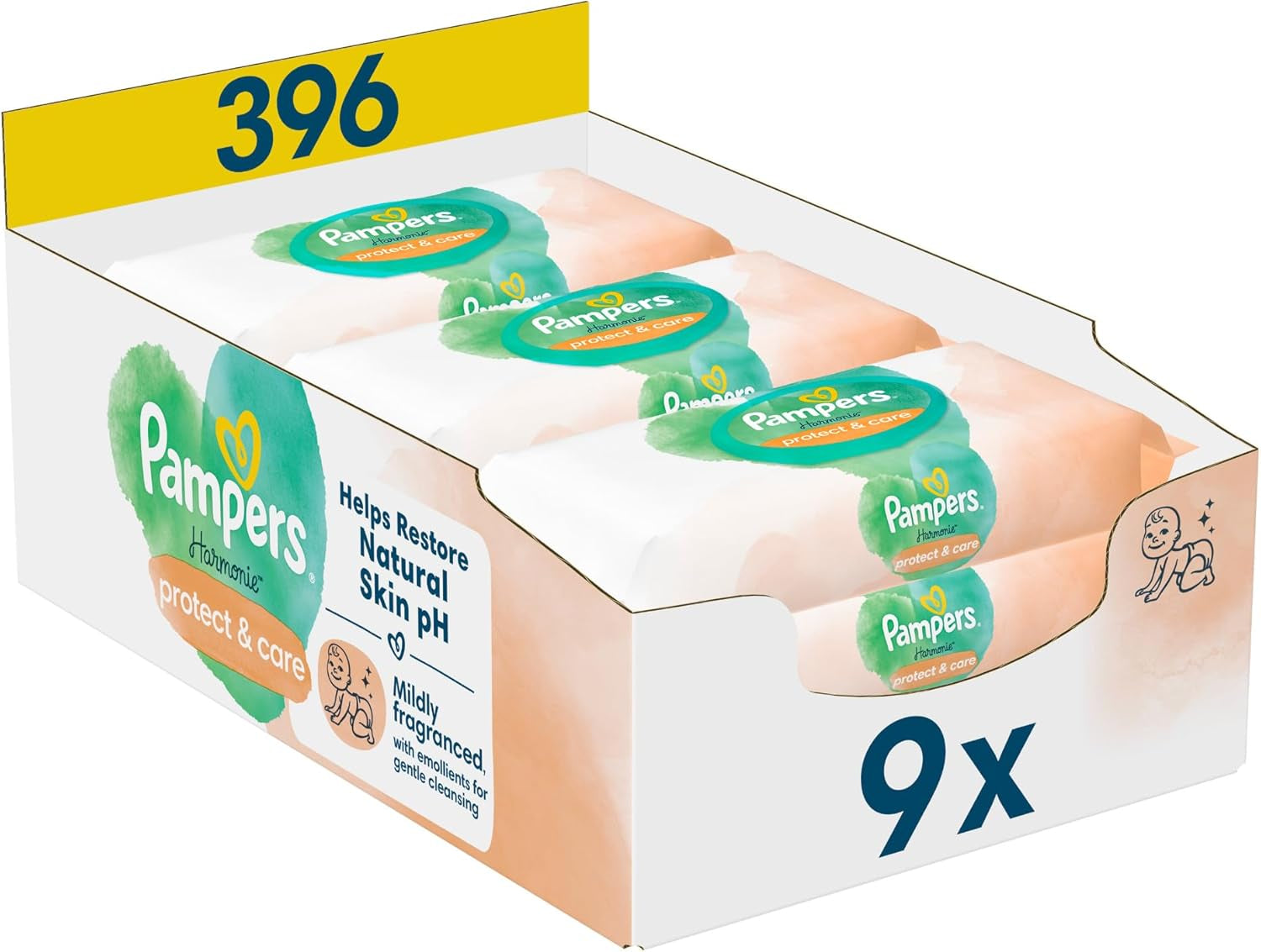Vlhčené ubrousky Pampers Harmonie Protect & Care, 18 balení po 44 ubrouscích = 792 ubrousků, které pomáhají obnovit přirozenou rovnováhu pH pokožky