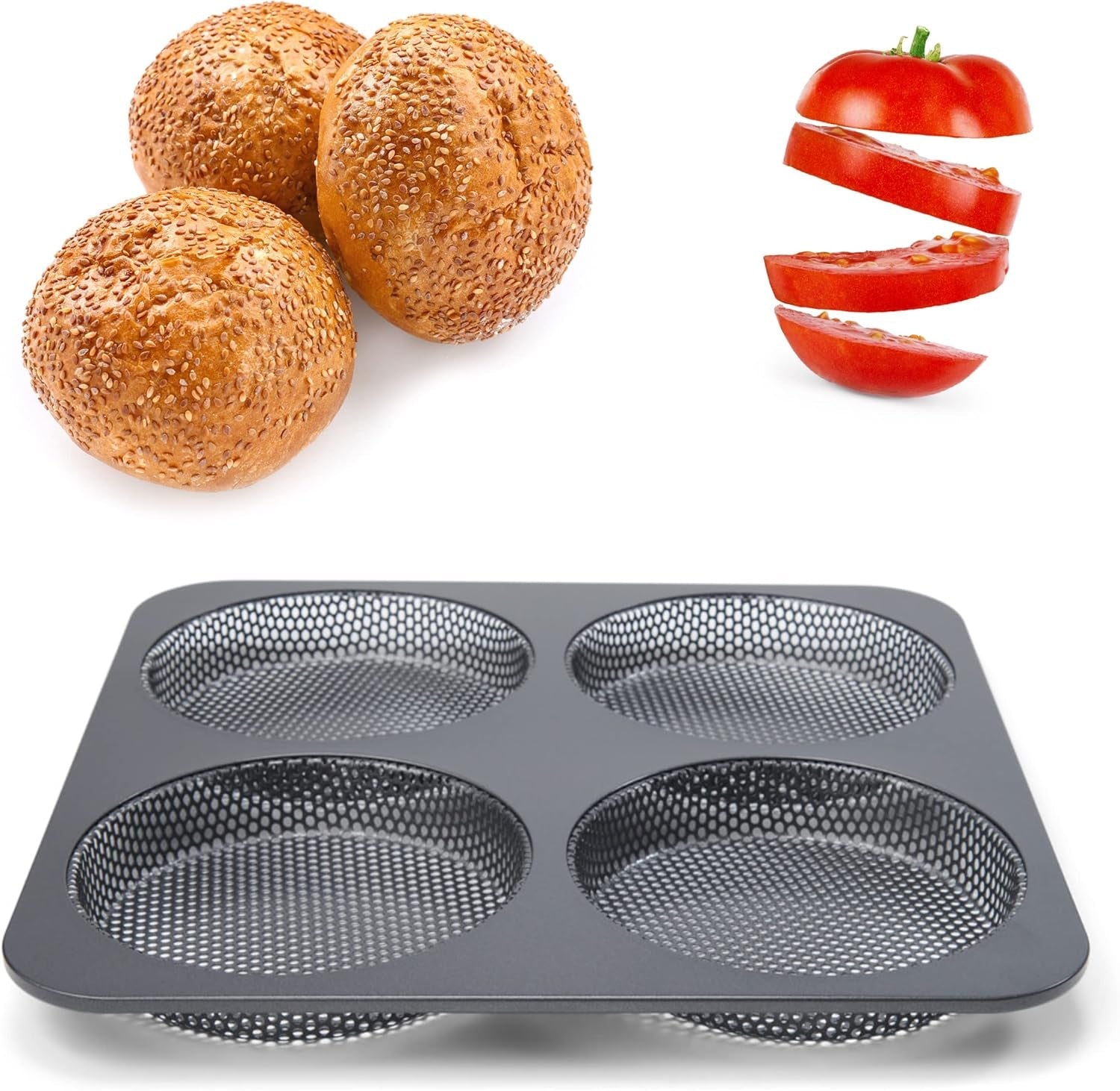 Hamburgerbrötchen, Perforiert, Antihaftbeschichte, 4 Runde Mulden Mit Je 12 Cm, Pfannengröße 28 X 28 Cm, 2,5 Cm Tief, Mittelgroß, Schwarz Formy a plechy na pečení Naty Shop