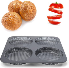 Hamburgerbrötchen, Perforiert, Antihaftbeschichte, 4 Runde Mulden Mit Je 12 Cm, Pfannengröße 28 X 28 Cm, 2,5 Cm Tief, Mittelgroß, Schwarz Formy a plechy na pečení Naty Shop