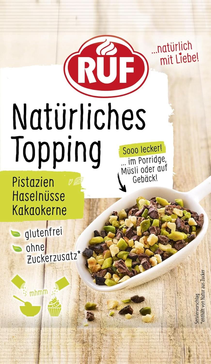 RUF chipsuri de orez, fără aditivi artificiali, amestec de fructe pentru terci și produse de patiserie, fără gluten, vegan, 15 grame Sprinkles Naty Shop 30 grame Fistic, Cacao, Alune