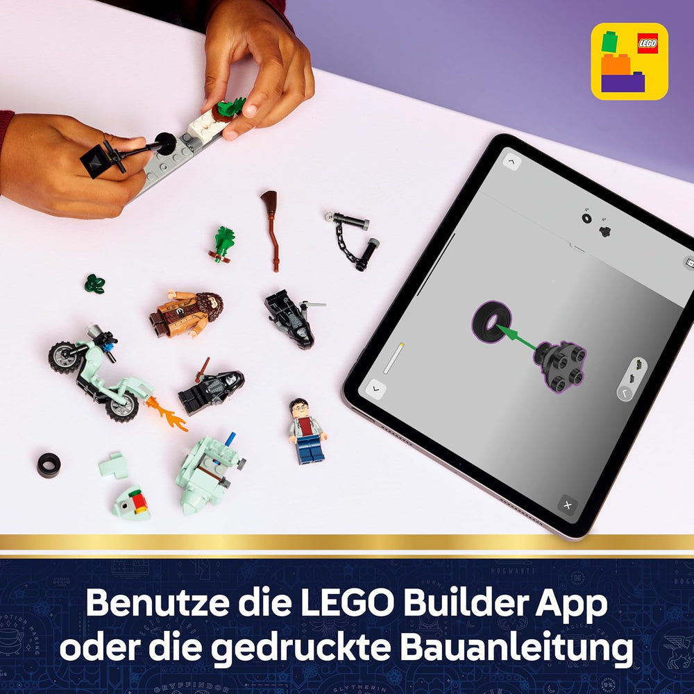 LEGO Harry Potter Hagrids a Harrys Flucht aus dem Ligusterweg - Motorrad Spielzeug mit 4 Minifiguren - 2 Todesser, eine Strassenszene - Geschenk für Mädchen, Jungen und Fans ab 8 Jahren - 76459