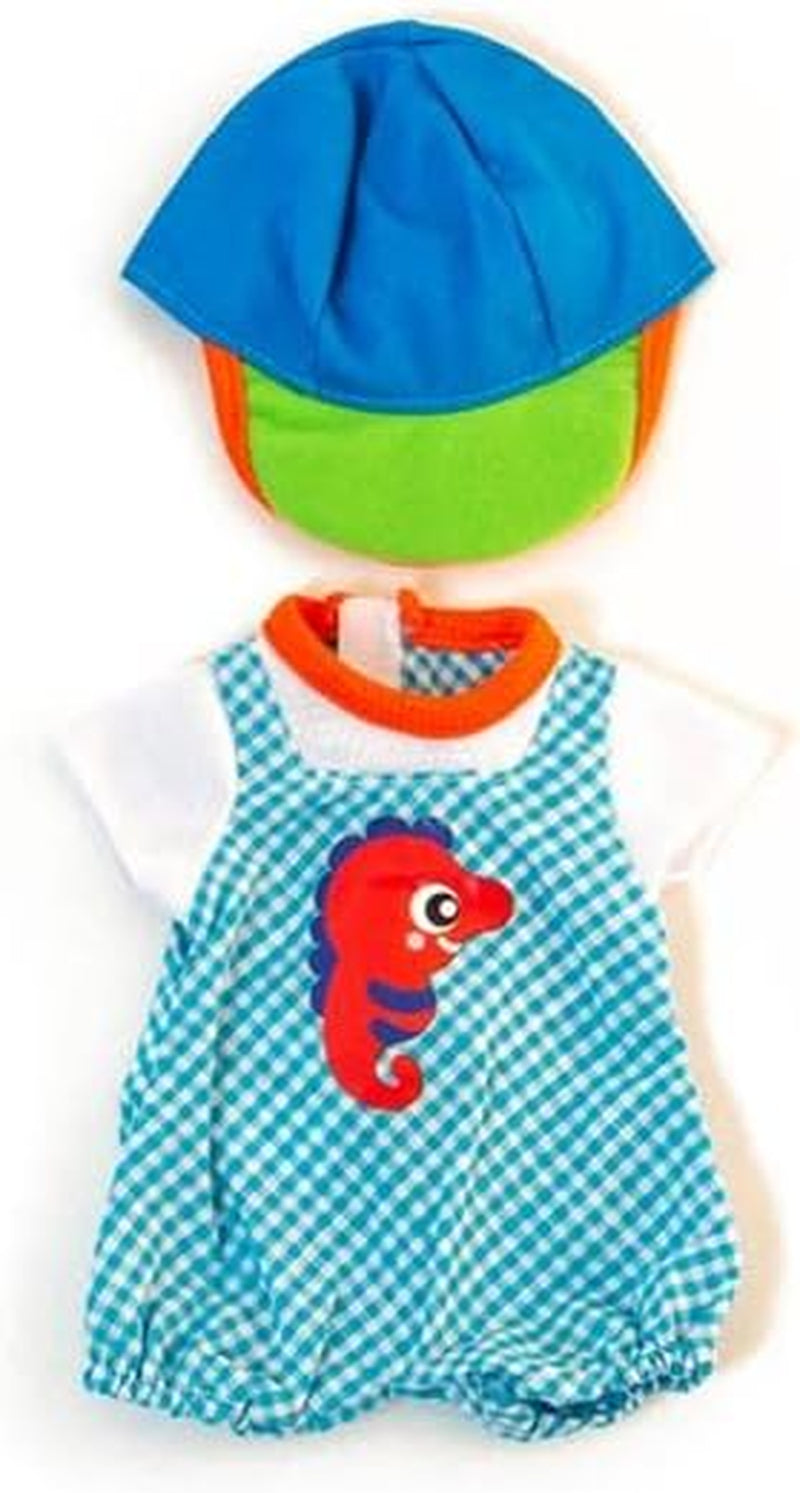 Miniland Set Puppenkleidung 32cm, girgeltes T-Shirt with Latzhose und Mütze, Übergangszeit