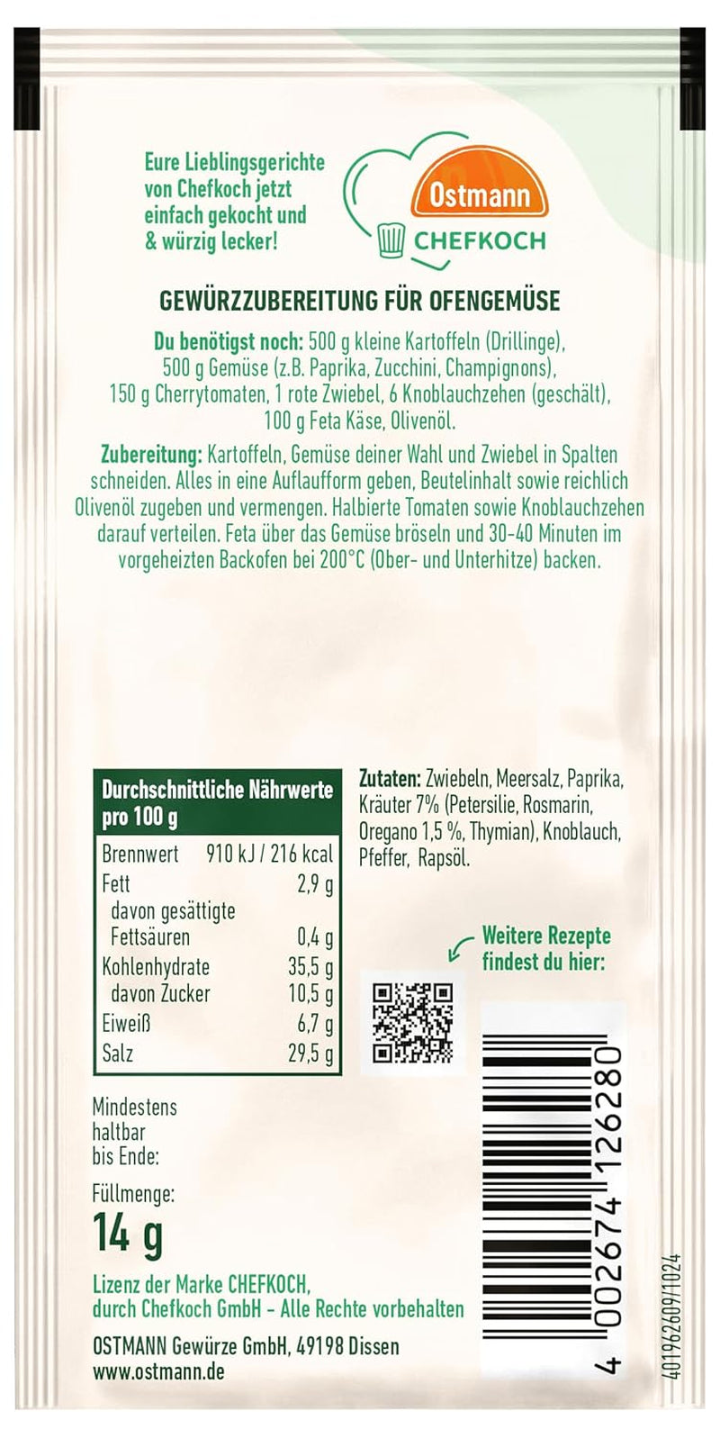 Ostmann Gewürze x Chefkoch - Ofengemüse Gewürzzubereitung | Abgestimmt auf 4 Porce | Včetně Schritt-für-Schritt-Rezept und Mengenangaben | 14 g v sáčku