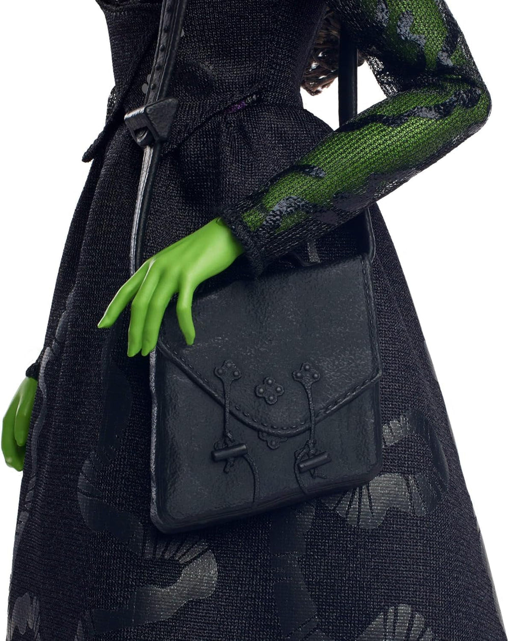 Módní panenka Mattel Wicked Elphaba a doplňky se zelenou pletí, černými vlasy zapletenými do copu, různými možnými pozicemi a rozšiřitelným vzhledem plesových šatů, HXT62, [vícebarevné] panenky Naty Shop