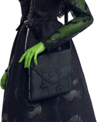 Módní panenka Mattel Wicked Elphaba a doplňky se zelenou pletí, černými vlasy zapletenými do copu, různými možnými pozicemi a rozšiřitelným vzhledem plesových šatů, HXT62, [vícebarevné] panenky Naty Shop