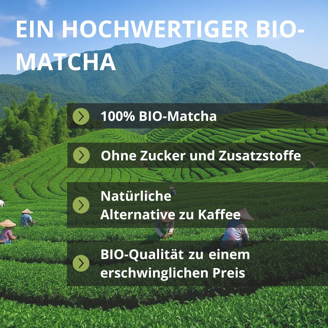 | Matcha pulbere bio 100 g | Ceai verde Matcha pulbere Ceremonial Grade | 100% natural și calitate premium | Ceai detoxifiant | Compatibil cu setul Matcha, tel, bol și pahar.