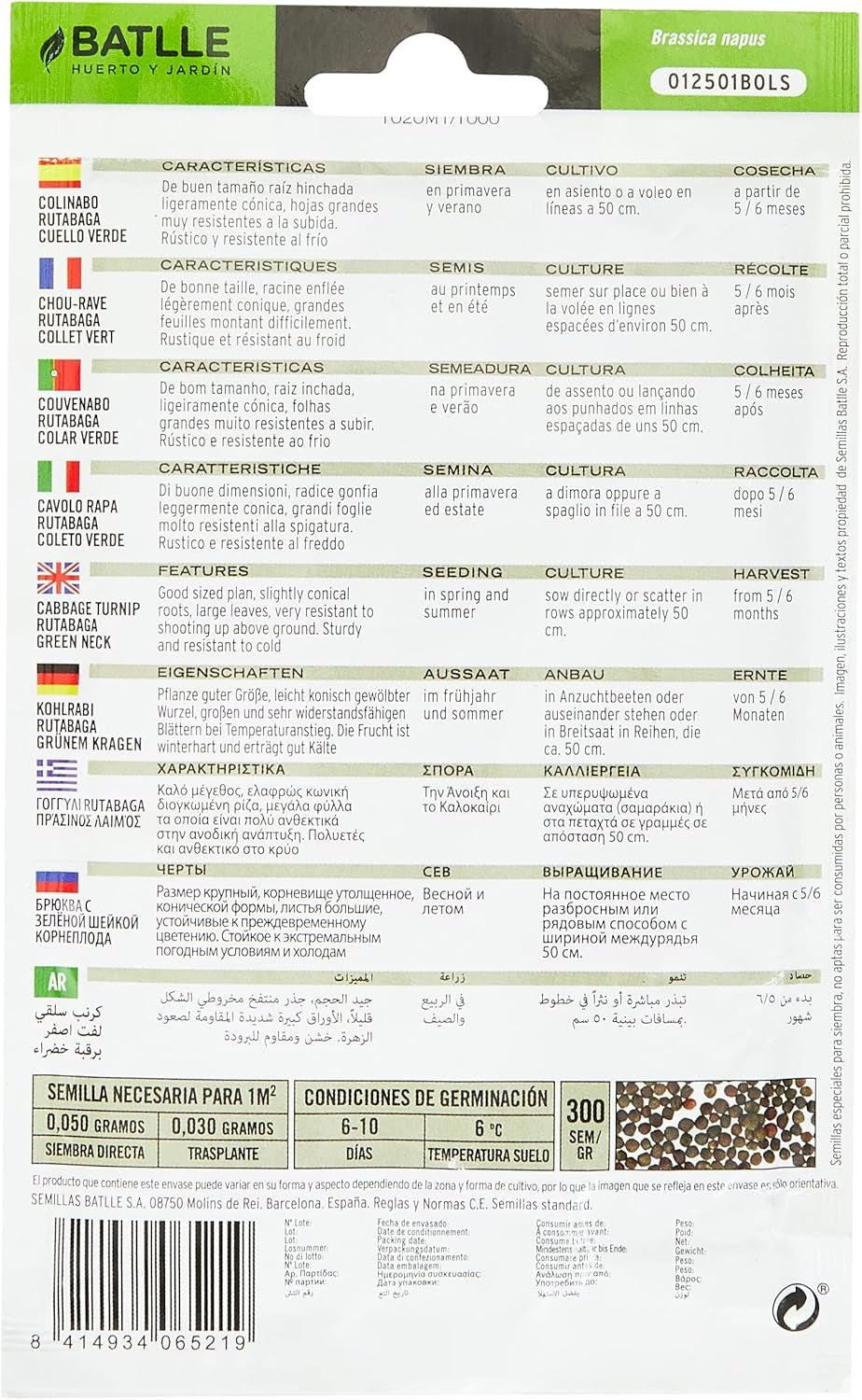 Batlle Gemüsesamen - Kohlrabi Sorte Rutabaga Cuello Verde (7000 Samen)