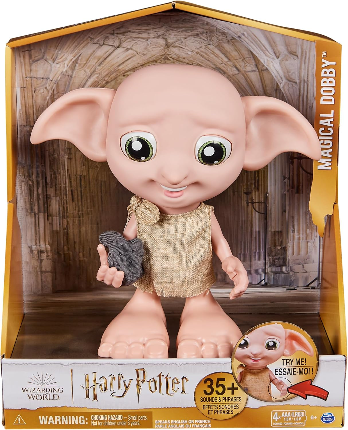 Spin Master 6067280 Wizarding World Harry Potter, Păpușă Magică Interactivă Dobby Elf cu Șosetă, Peste 30 de Sunete și Fraze, 21,6 cm, Jucărie pentru Copii, Negru