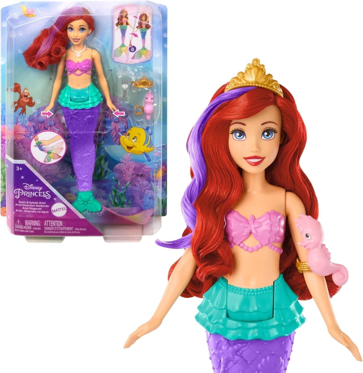 Mattel Disney Princess Toys, Make-up Shell Mermaid Panenka Arielle Fashion s odnímatelným ocasem, Makeup Table s 5 opakovatelnými vyskakovacími překvapeními a 5 doplňky, JBF86 Naty Shop Ariel Dolls