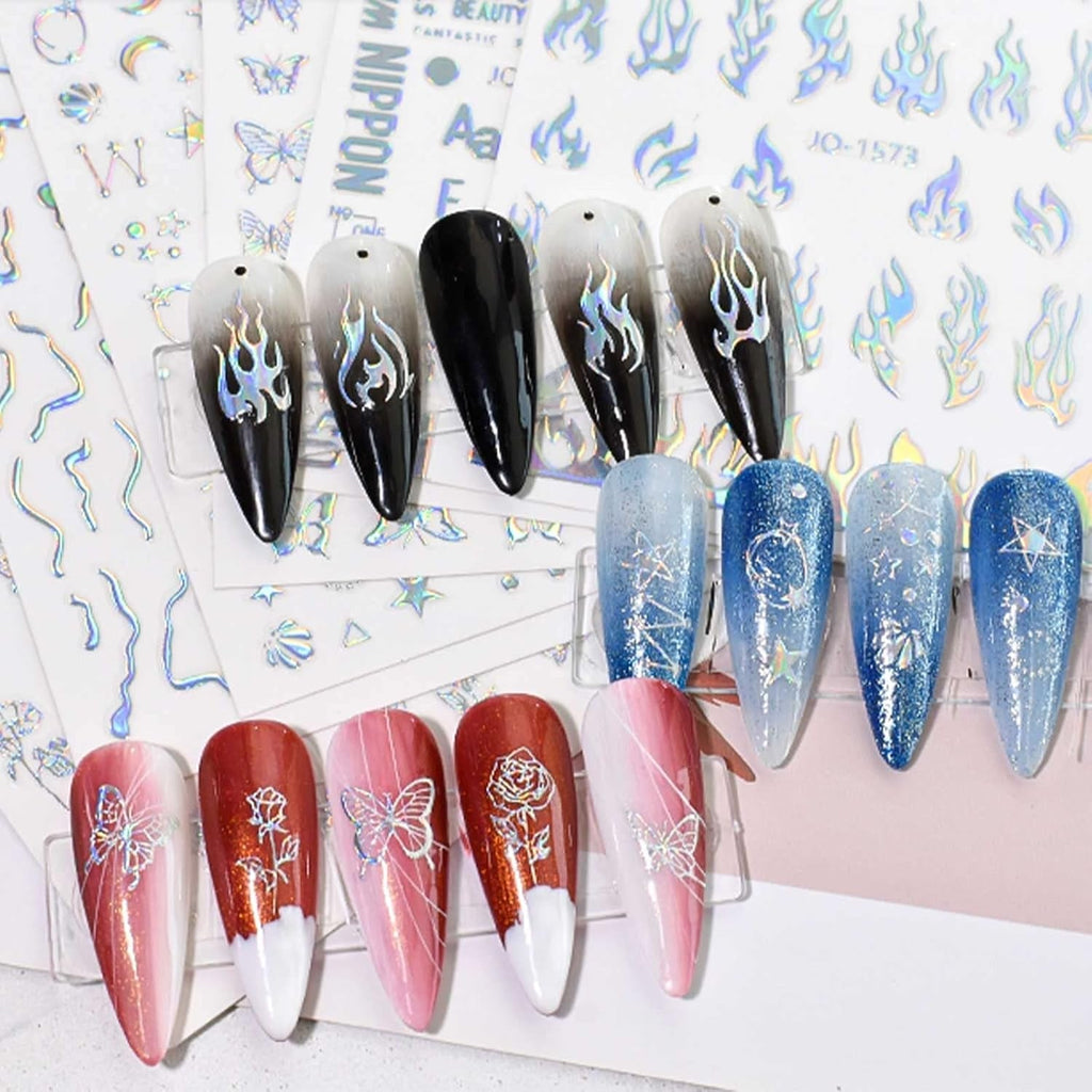 JMEOWIO Nagelsticker Aurora Holografisch 9 Blatt Nagelaufkleber Selbstklebend Herz-Flamme Spielt Schmetterlings-Mond Die Hauptrolle Nail Art Sticker Dekoration Nageldesign Zubehör