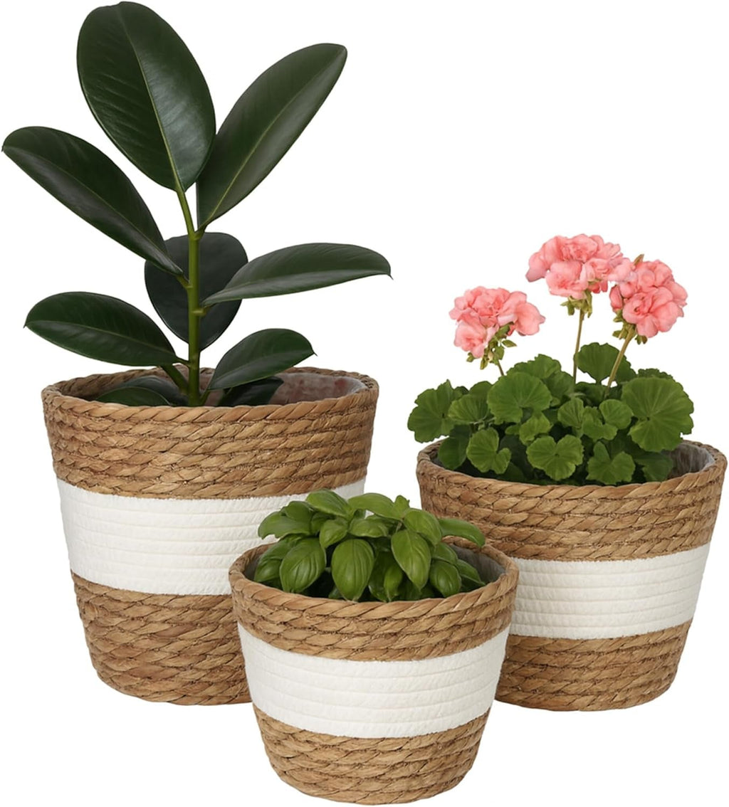 Ghiveci de flori Relaxdays, Set de 3, Stuf, Ghivece de plante cu folie, 3 dimensiuni, Stil Boho, Ghivece rotunde, Natural