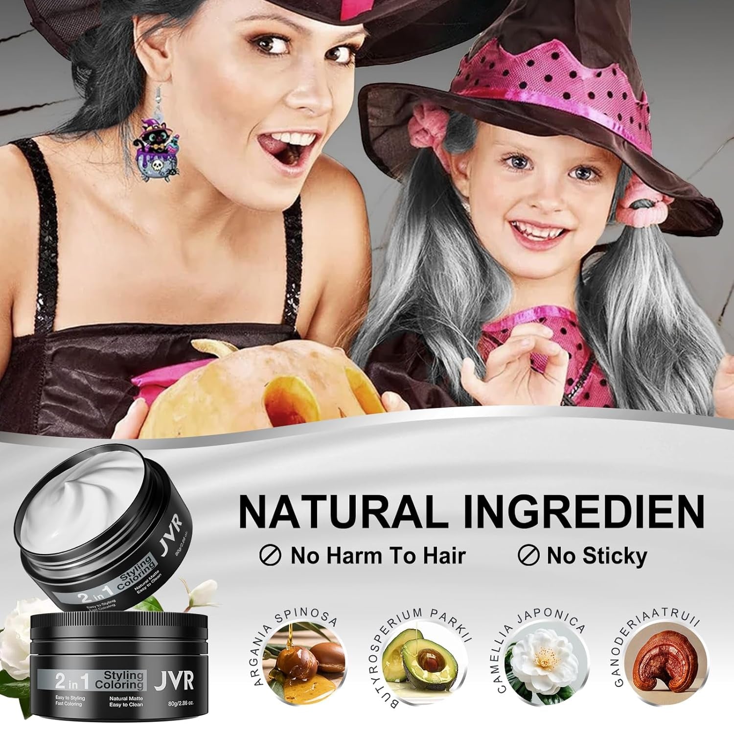 JVR Ceară de păr temporară 80g, ceară de păr lavabilă pentru copii femei bărbați, coafură naturală mată pentru petreceri, cosplay, Halloween, Crăciun, mascaradă, DIY (gri, 80g) Vopsea pentru par Naty Shop