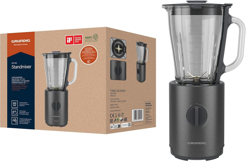 Grundig Delisia Novus SM 7140 Professioneller Standmixer, 1,5 Liter, 800 Watt, 6-Fach Edelstahlmesser Mit Zirkonium-Beschichtung, 5 Geschwindigkeitsstufen + Pulse-Funktion, Dark Inox/Edelstahl Bucatarie Naty Shop