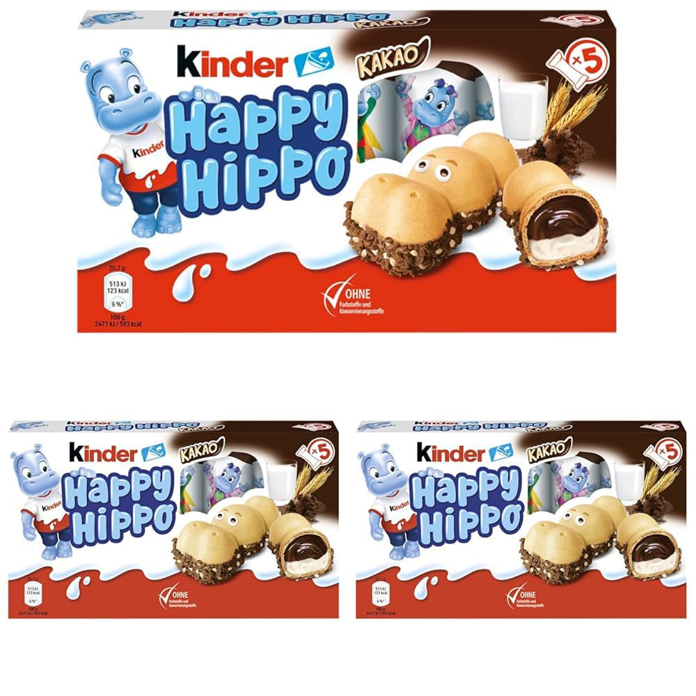 Kinder Happy Hippo Lískový ořech - Speciální křupavé oplatky s mlékem a lískooříškovým krémem - Karnevalové a Mardi Gras sladkosti - 1 balení obsahující 5 jednotlivých tyčinek po 20,7 g