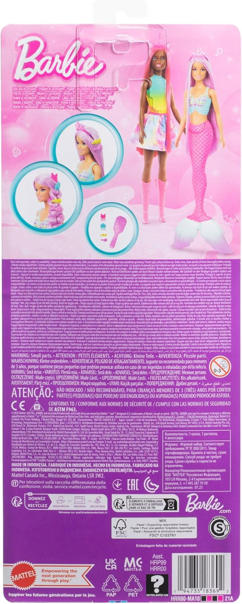 Barbie Meerjungfrauen-Puppe - mit Langen rosa Haaren und Accessoires für individuelles Styling, inklusive Bürste, wunderschönes Muscheloberteil und Pinker Schwanzflosse, für Kinder ab 3 Jahren, HRR00