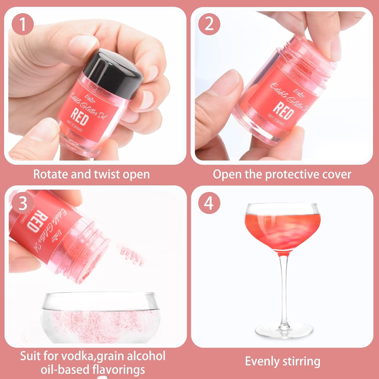 Sclipici comestibil - 4 culori pudră cu sclipici comestibilă, praf cu sclipici în sticlă cu spray pentru băuturi, prăjituri, alimente - pudră cu sclipici metalic, colorant alimentar pentru cocktailuri, fondant, fursecuri, vin