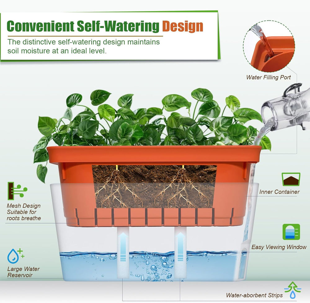 Samozavlažovací květináče, sada 3 obdélníkových květináčů 27 cm, květináče na bylinky, parapetní truhlíky s nádrží na vodu, moderní plastové květináče pro vnitřní venkovní zahradní kancelář