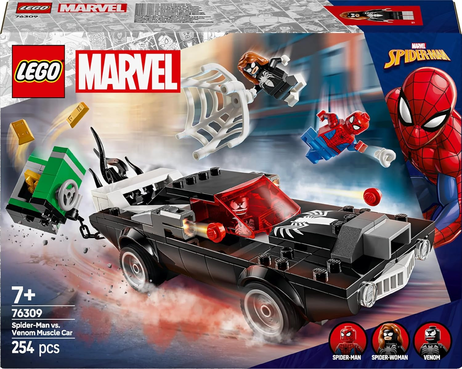 LEGO Marvel Spider-Man Mech vs. Venom Muscle Car – Autíčko se 3 minifigurkami superhrdinů – Model auta se střílečkami – Dárek pro chlapce a dívky ve věku 7+ 76309 Stavebnice Besuche den LEGO-Store