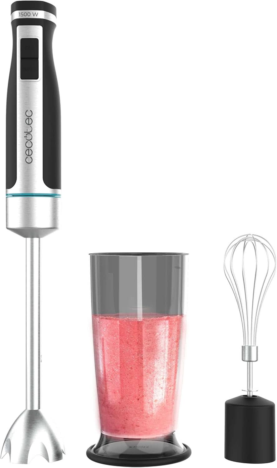 Cecotec ruční mixér Powergear 1500 - Klingen Aus Titanium Beschichtung, 21 Geschwindigkeitsstufen, 1500 W, Inklusiv Glas Mit Deckel. (Schwarz Und Edelstahl, XL) Kitchen Naty Shop 2 Zubehörteile