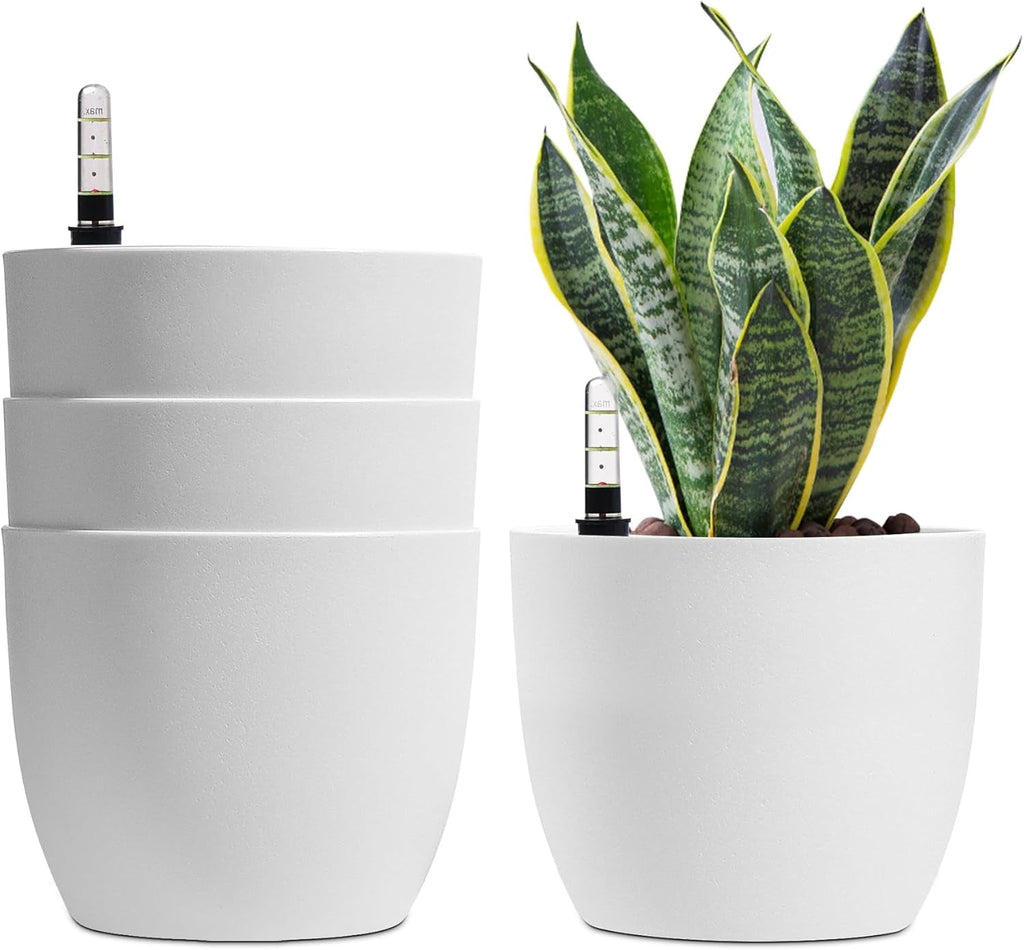 Ghiveci de flori T4U de 15 cm cu auto-udare și indicator de apă, alb, set de 4 ghivece, rezervor de apă cu auto-udare, pentru interior și exterior