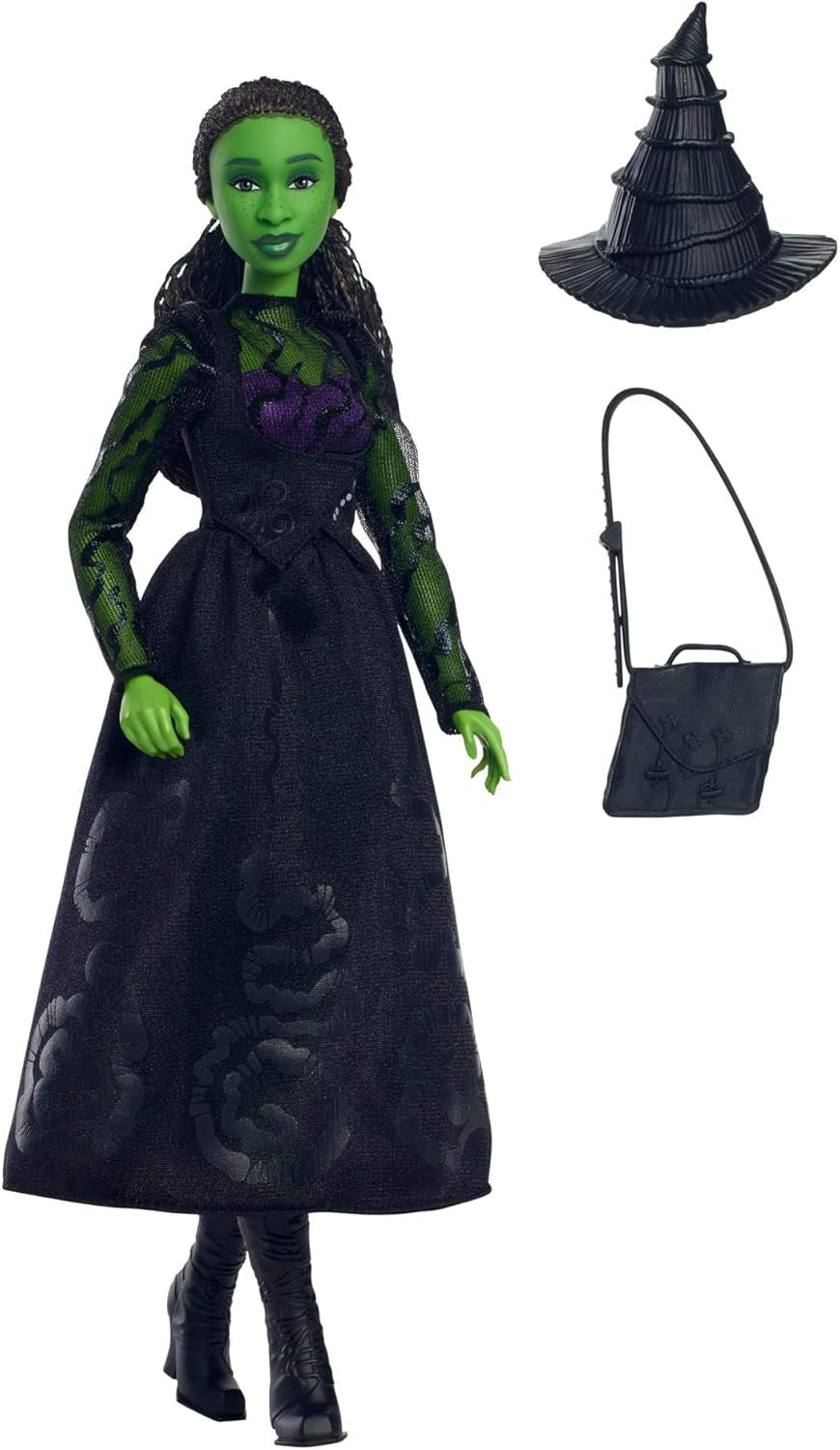 Módní panenka Mattel Wicked Elphaba a doplňky se zelenou pletí, černými vlasy zapletenými do copu, různými možnými pozicemi a rozšiřitelným vzhledem plesových šatů, HXT62, [vícebarevné] panenky Naty Shop