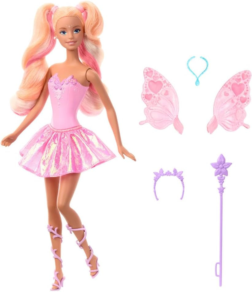 Păpușă Barbie Mattel cu baghetă magică și accesorii de modă, temă fantezie cu aripi și ținută care își schimbă culoarea, JCP76, [multicoloră]