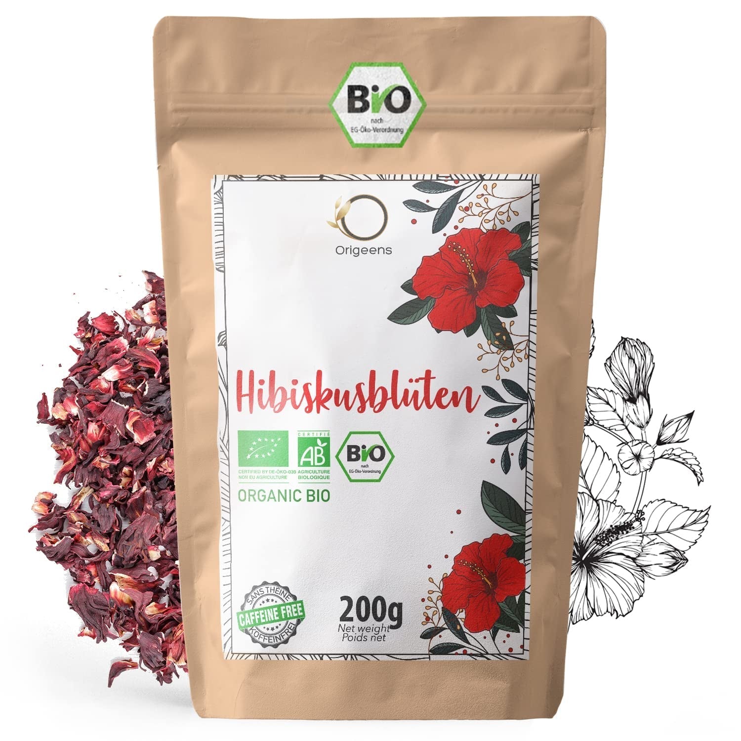 ORIGEENS CEAI DE HIBISCUS BIO Calitate premium - 50 pliculețe | Flori de hibiscus uscate bio pentru ceai, ceai de fructe, ceai rece, ceai karkade | Ceai de hibiscus pentru cură de detoxifiere și drenaj