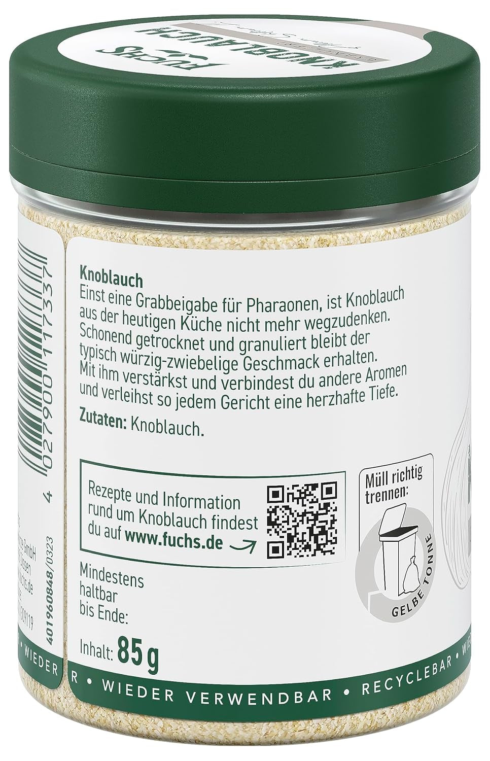 Fuchs Gewürze - Česnek granulovaný - würzig-zwiebliger Geschmack für Tzatziki, Knoblauchbutter nebo Gemüsegerichte - přírodní složky - 85 g v wiederverwendbarer, recyclebarer Dávka