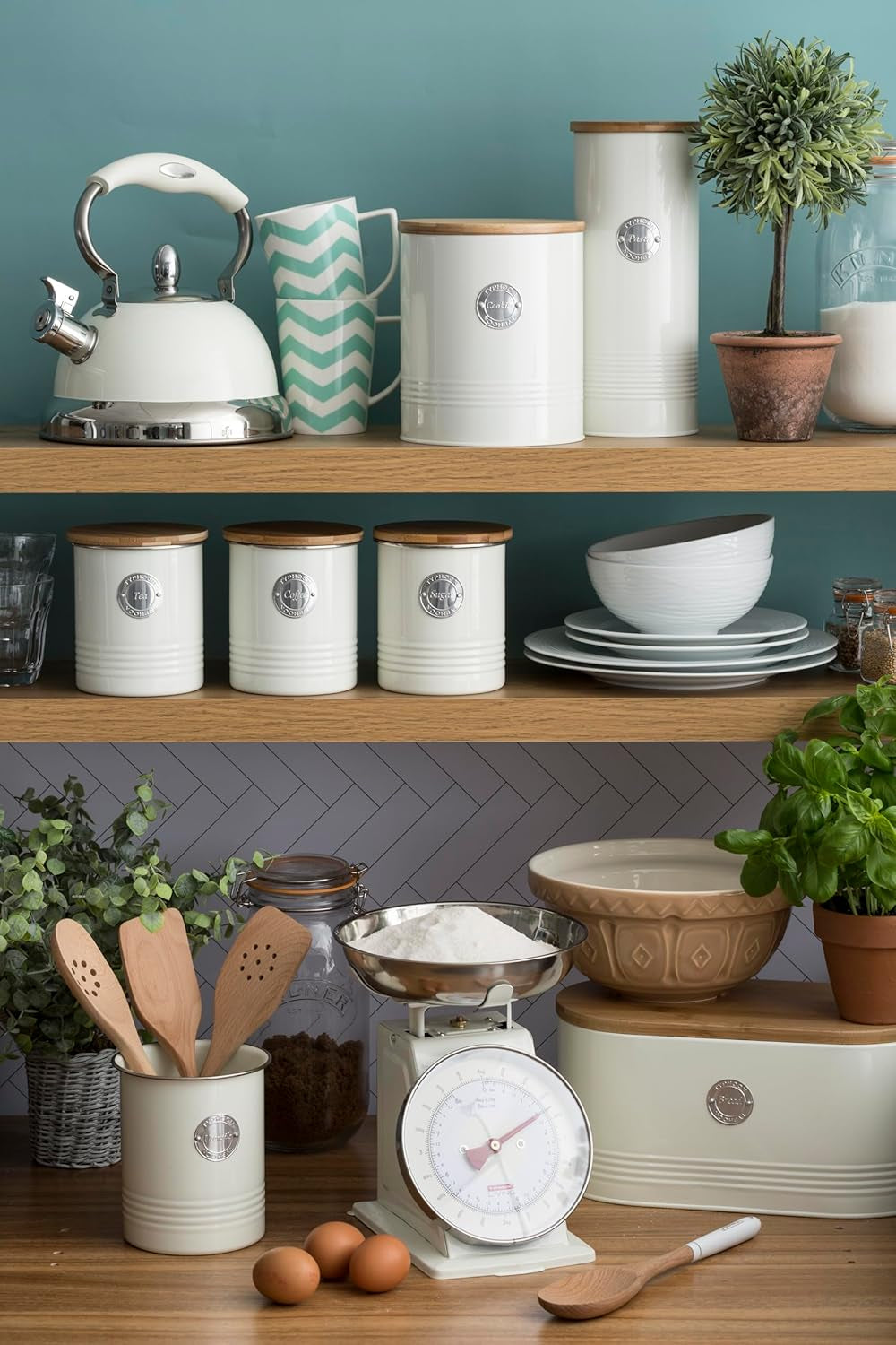 LIVING collection, bol de zahăr cu capac | cremă pastel | cutie de depozitare 1 L bucătărie pentru zahăr | recipient din oțel pentru zahăr cu capac | borcane de depozitare etanșe din bambus cu capac Cutii depozitare alimente Naty Shop