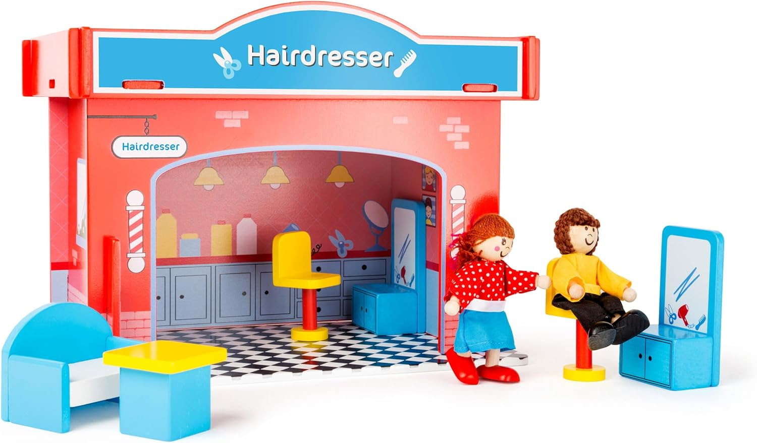 Small Foot 10852 Playhouse Restaurant Vyrobeno ze dřeva, Se 2 figurkami panenek, doplňky a odnímatelnou střechou, Od 3 let Domky pro panenky Naty Shop Kadeřnictví