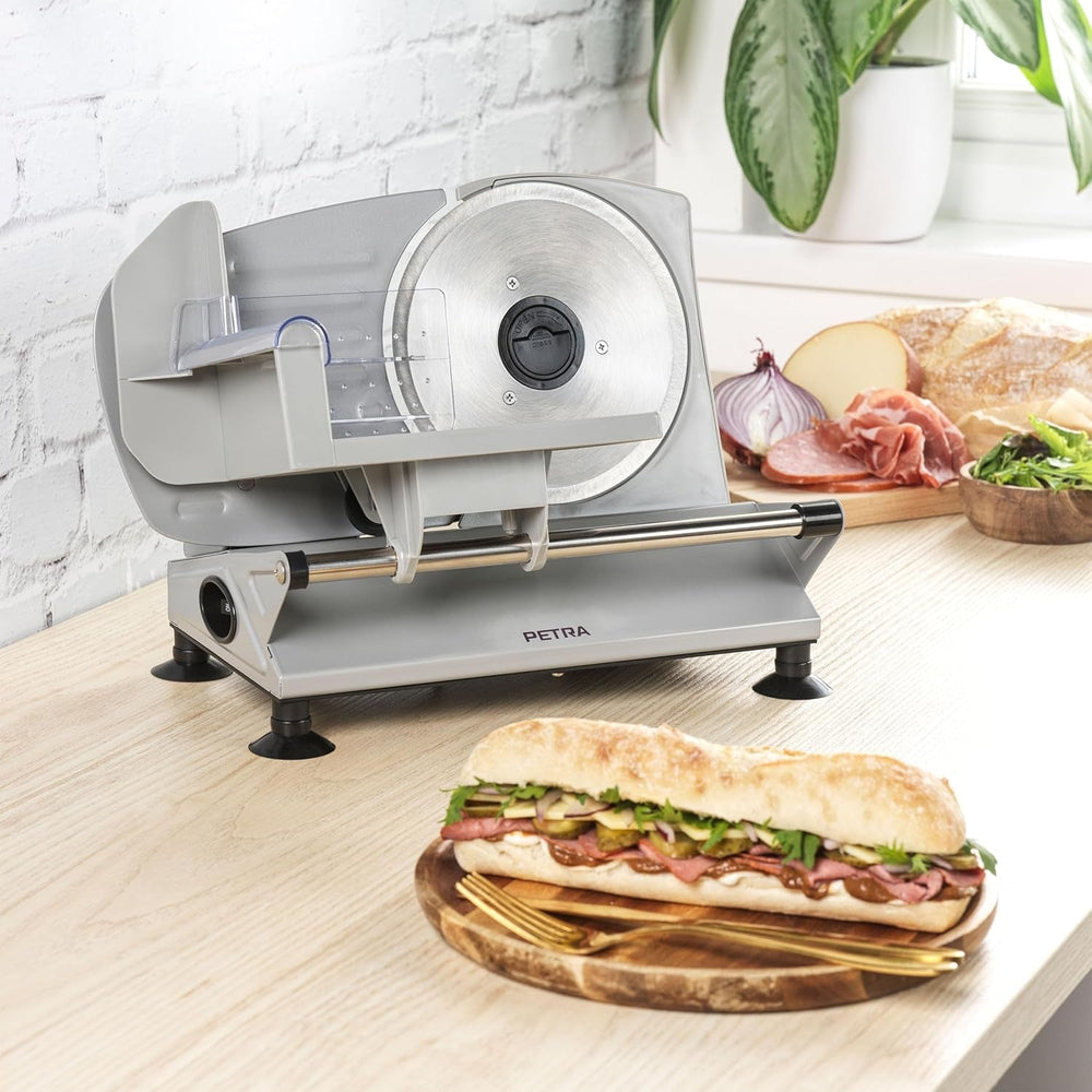 Petra PT4636VDE Multifunkční elektrický kráječ, tloušťka krájení 1-15 mm, 3 hladké nerezové nože Drtiče a kráječe Naty Shop