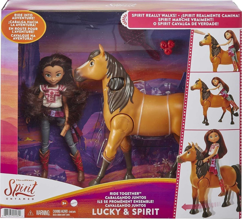 Dreamworks Spirit GXF95 - Set de aventură de călărie cu păpușă Lucky (17,78 cm) și cal Spirit (20,32 cm), jucării pentru vârsta de 3+ Papusi Naty Shop