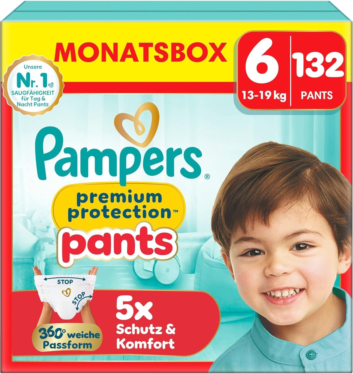 Pampers Premium Protection Pants Velikost 7, 123 Plenky, 15 kg+, s 360° nastavením a měkkými manžetami proti protečení pro optimální pohodlí a ochranu