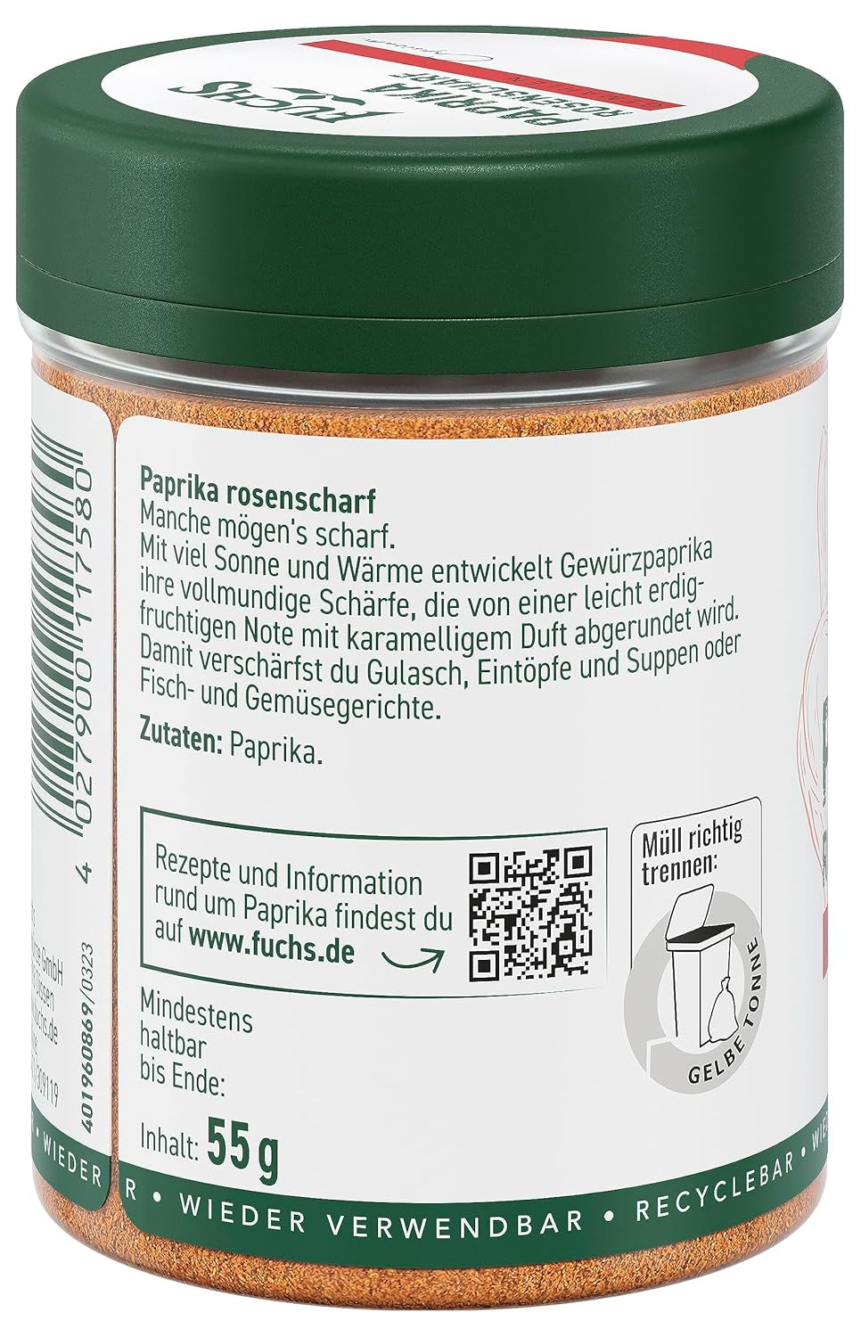 Fuchs Gewürze - Paprika rosenscharf gemahlen - schärfer Gesmack für Gulasch, Eintöpfe oder Gemüsegerichte - přírodní ingredience - 55 g v wiederverwendbarer, recyclebarer Dávka