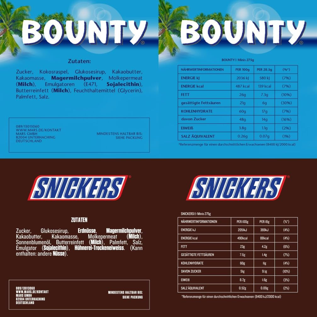 Hromadné balení mini míchané čokolády, 20 mini čokoládových svačin (Mars, Snickers, Bounty, Twix, Milky Way), jako bonbón, čokoládový dárek, bonboniéra, 400 g